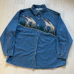 Sara Studio Woman Giraffes on Parade Safari Blue Denim Chambray Button Up Shirt